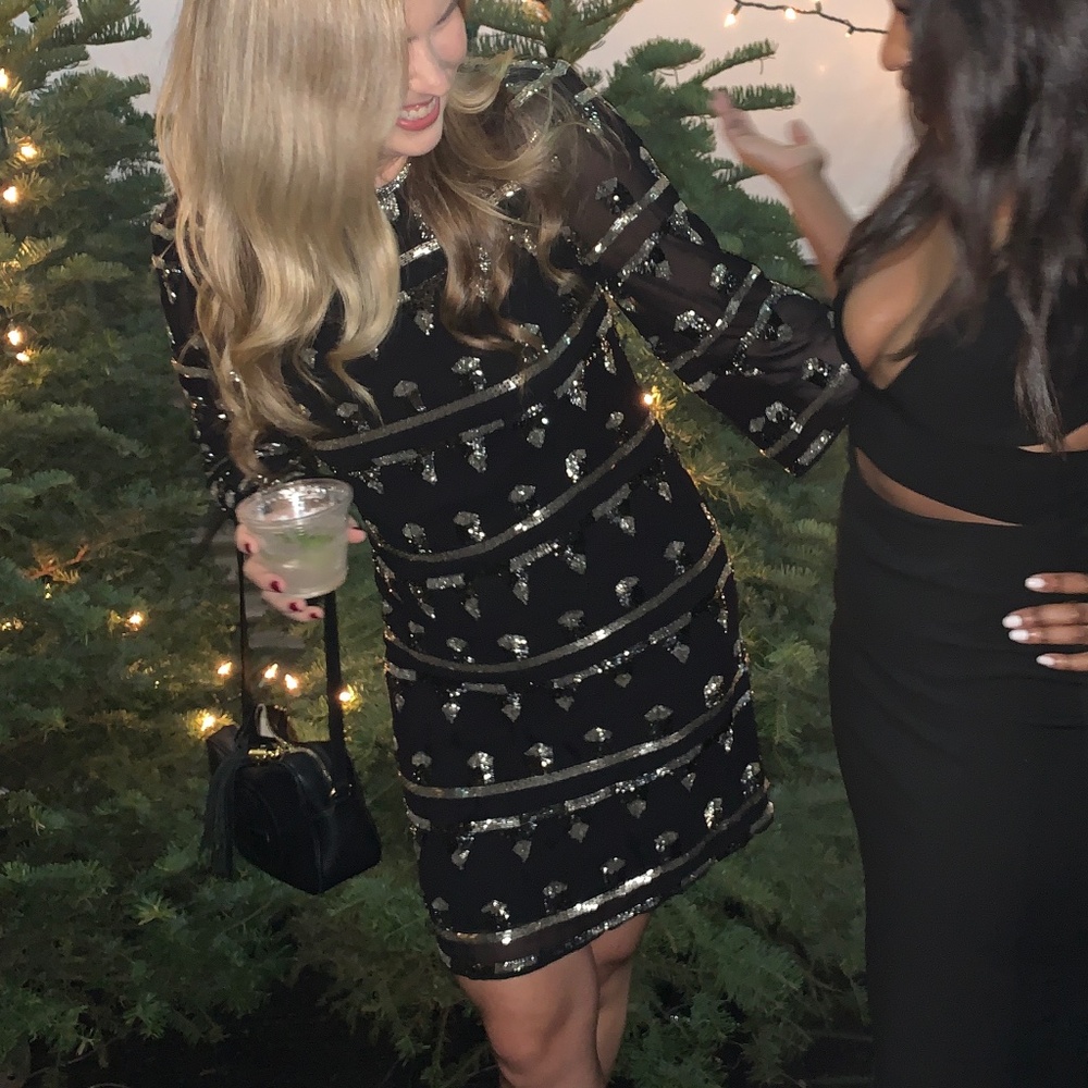 Alice + Olivia Long Sleeve Beaded Mini Dress - black & silver, size 6